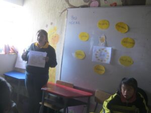 Lerares FUNDAL legt kernwaarden Aflatoun uit aan klas